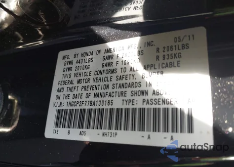 2011 Honda Accord 2.4 Ex from USA, damaged, VIN 1HGCP2F77BA130185